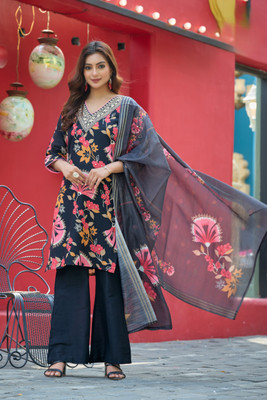 dheylu Floral Print Kurta, Palazzo & Dupatta Set