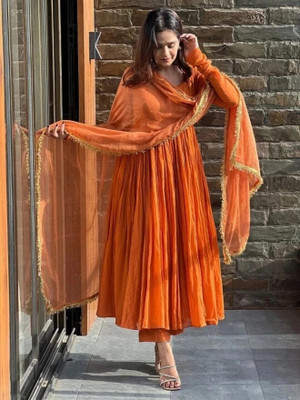 Trishazy Solid Anarkali Kurta, Bottom & Dupatta Set