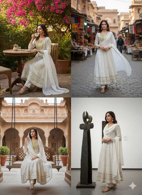 JIAAS HOOPER Embroidered Anarkali Kurta, Bottom & Dupatta Set