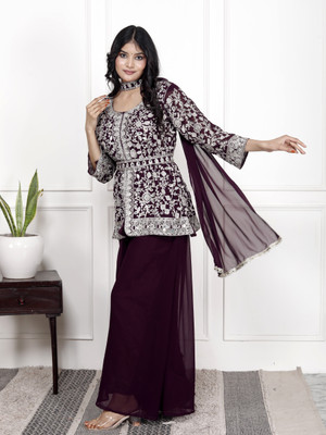 GRX Embroidered Kurta, Sharara & Dupatta Set