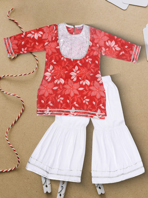 Bella Moda Girls Festive & Party Kurta and Pyjama Set(Red Pack of 1)