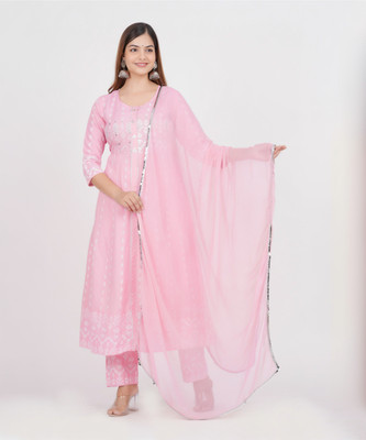 Trendjio Printed, Embroidered Anarkali Kurta, Bottom & Dupatta Set