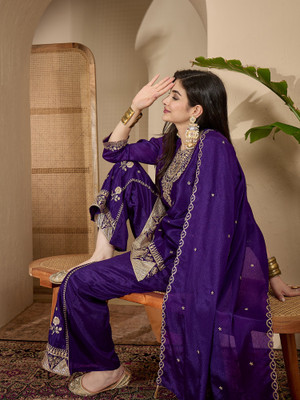 Sangria Embroidered Kurta, Palazzo & Dupatta Set