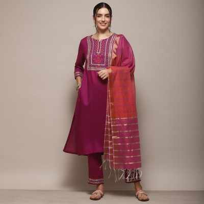 BIBA Solid, Embroidered Kurta, Trouser/Pant & Dupatta Set