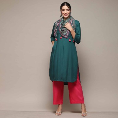 BIBA Solid Kurta, Palazzo & Dupatta Set