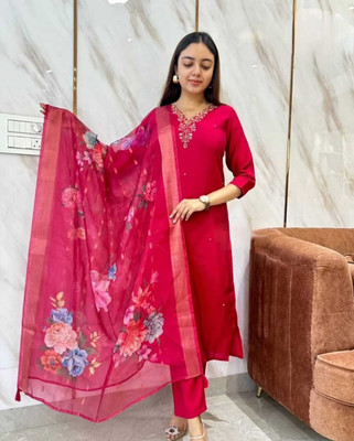 Shree Chamunda Fab Embroidered Kurta, Trouser/Pant & Dupatta Set