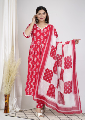hustle bustle Floral Print Anarkali Kurta, Bottom & Dupatta Set