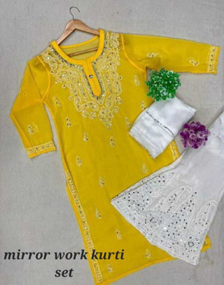 Chikankari Fashion Collection Embroidered Kurta, Palazzo & Dupatta Set