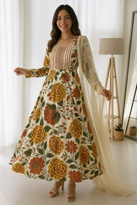 vmcollection Floral Print Anarkali Kurta, Bottom & Dupatta Set