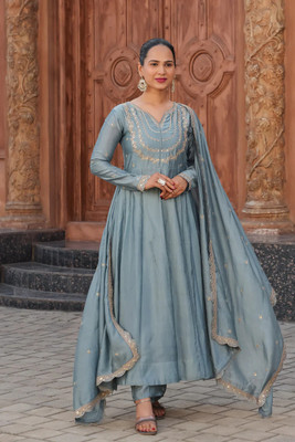 Tasrika Embroidered Anarkali Kurta, Bottom & Dupatta Set