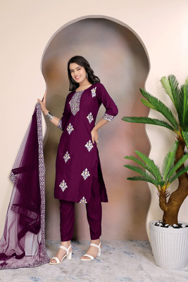ShopGlobal Embroidered Kurta, Trouser/Pant & Dupatta Set