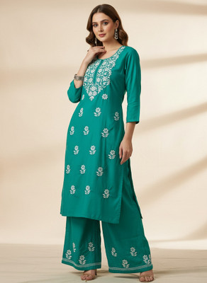 Feezy Fashions Embroidered Kurta, Palazzo & Dupatta Set