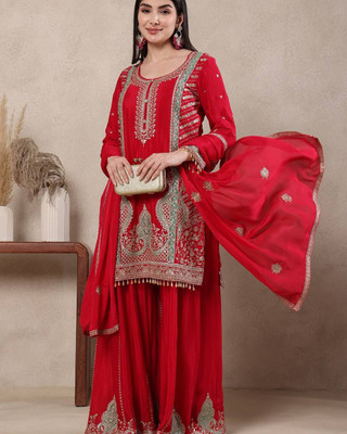 Mahi Fashion Embroidered Kurta, Sharara & Dupatta Set