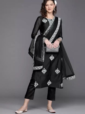 ShopGlobal Embroidered Kurta, Sharara & Dupatta Set