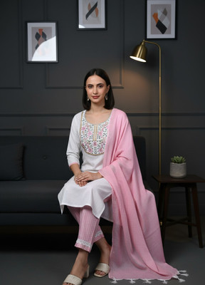 Sunbright Floral Print, Embroidered Kurta, Salwar & Dupatta Set