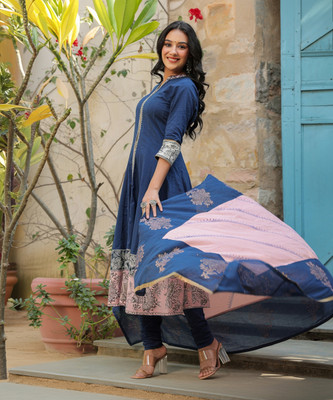 Rain & Rainbow Self Design Anarkali Kurta, Bottom & Dupatta Set