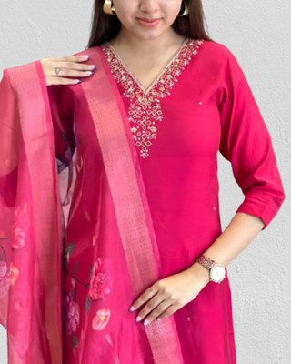 Aksa Fashion Solid, Embroidered Kurta, Trouser/Pant & Dupatta Set