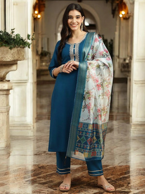 ORRIYA Embroidered Kurta, Trouser/Pant & Dupatta Set