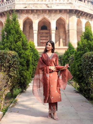 TRAHIMAM Embroidered Kurta, Trouser/Pant & Dupatta Set
