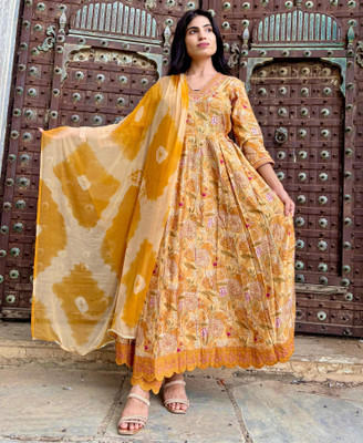 EthniWa Floral Print Anarkali Kurta, Bottom & Dupatta Set