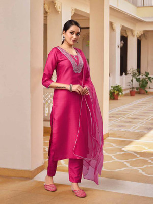 CLAVINET Embroidered Kurta, Trouser/Pant & Dupatta Set