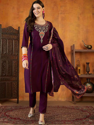 Sangria Embroidered Kurta, Trouser/Pant & Dupatta Set