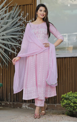 Trendjio Printed, Embroidered Anarkali Kurta, Bottom & Dupatta Set