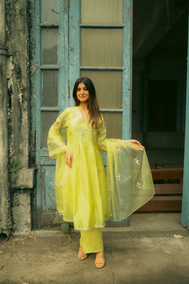 Oudhi Embroidered Kurta, Palazzo & Dupatta Set