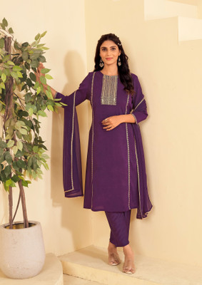 iwuman Solid, Embroidered Kurta, Trouser/Pant & Dupatta Set