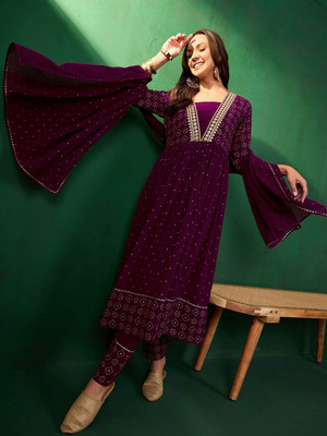 Sangria Embroidered Anarkali Kurta, Bottom & Dupatta Set