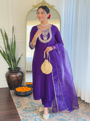GlimmerGown Embroidered Kurta, Salwar & Dupatta Set