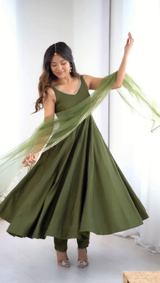LOKITA WORLD Solid, Embroidered Anarkali Kurta, Bottom & Dupatta Set