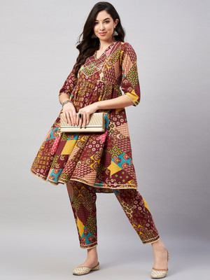WineRed Printed Kurta, Salwar & Dupatta Set