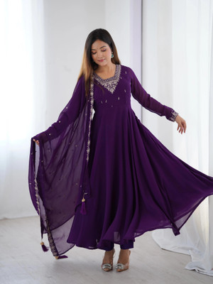 SAJAVAT ETHENIC WEAR Embroidered, Solid Anarkali Kurta, Bottom & Dupatta Set