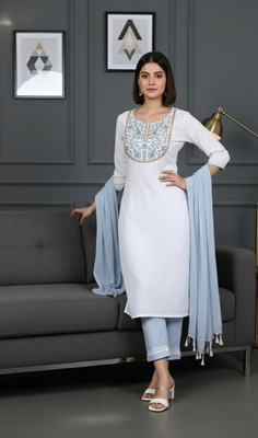 Sunbright Embroidered, Floral Print Kurta, Salwar & Dupatta Set