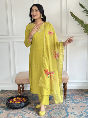 JAPNAAM Embroidered Kurta, Trouser/Pant & Dupatta Set