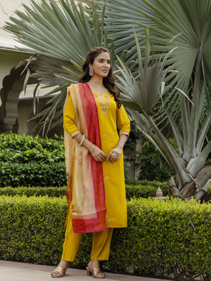 GlimmerGown Embroidered Kurta, Salwar & Dupatta Set