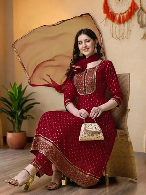 QUEENSFAB Embroidered Anarkali Kurta, Bottom & Dupatta Set