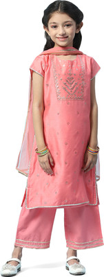 BIBA Girls Festive & Party Kurta and Trouser Set(Pink Pack of 3)