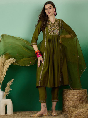 Sangria Embroidered Anarkali Kurta, Bottom & Dupatta Set