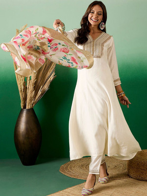 Sangria Floral Print, Embroidered Anarkali Kurta, Bottom & Dupatta Set