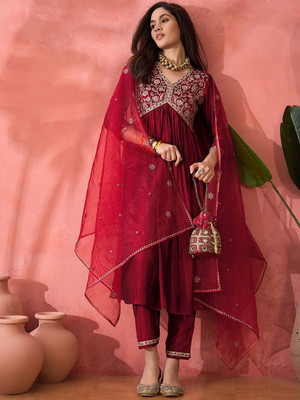 Sangria Embroidered Anarkali Kurta, Bottom & Dupatta Set