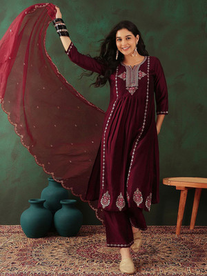 Sangria Embroidered Anarkali Kurta, Bottom & Dupatta Set