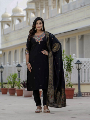 PeachPetals Embroidered, Solid Kurta, Salwar & Dupatta Set
