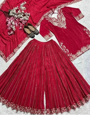 Bonanzafashion Embroidered Kurta, Sharara & Dupatta Set
