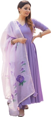 clickby Solid, Floral Print Anarkali Kurta, Bottom & Dupatta Set