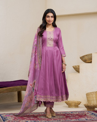 House of Pataudi Embroidered Kurta, Trouser/Pant & Dupatta Set