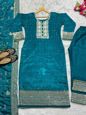 Vraj Fashion Embroidered Kurta, Palazzo & Dupatta Set