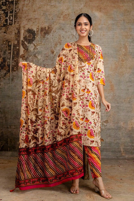 A&k Embroidered, Floral Print Kurta, Trouser/Pant & Dupatta Set
