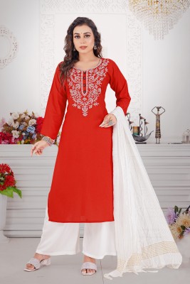 YDJ Embroidered Kurta, Palazzo & Dupatta Set